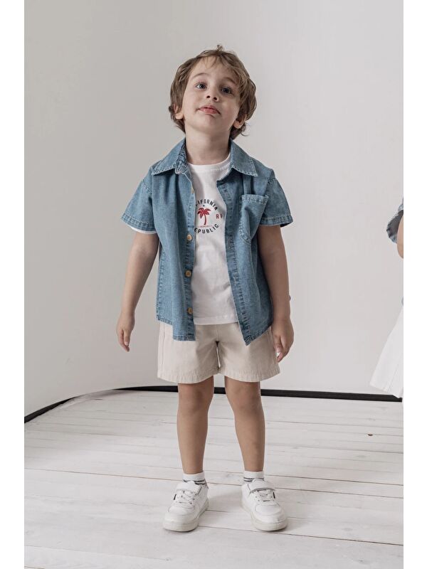 Jikko Baby Jean gömlek T-shirt Şort 3lü Yazlık Erkek Çocuk Takım 3711