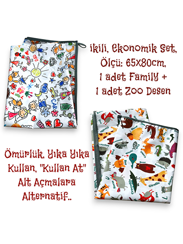 Yorni Ekonomik Set, 1 adet Family + 1 adet Zoo, 65x80cm, Sıvı Geçirmez Alt Açma Örtüsü, Bebek Bakım Örtüsü