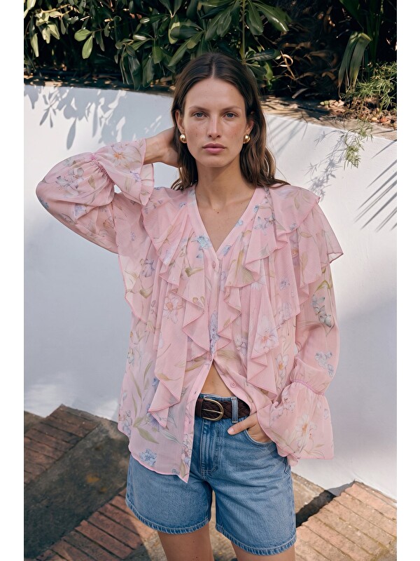 SATEEN Fırfır Detaylı Desenli Gömlek - Pembe