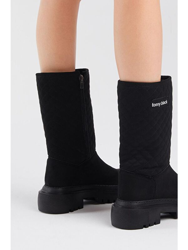 Kadın Siyah Süet Kapitone Desenli Rahat Kalıp Uzun Bot - Görsel 7