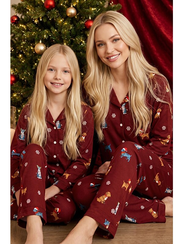 Siyah İnci Bordo Yılbaşı Temalı Desenli Termal Kumaşlı Ultra Soft Yumuşak Düğmeli Örme Pijama Takımı