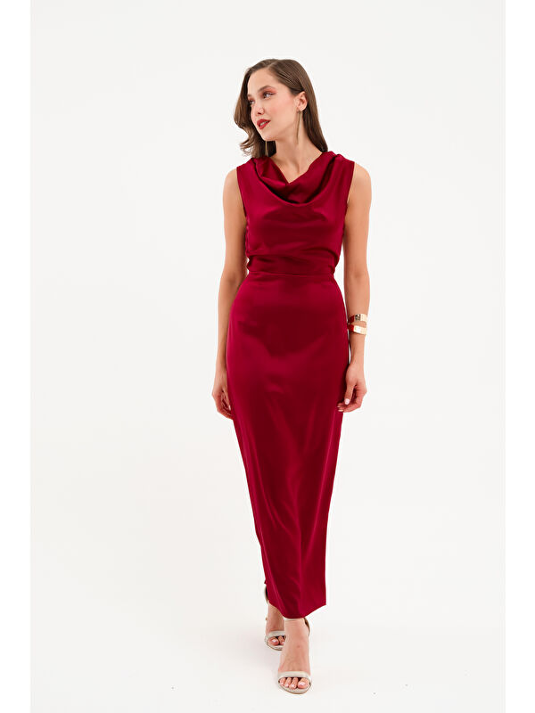 Lafaba Kadın Bordo Degaje Yaka Midi Saten Elbise