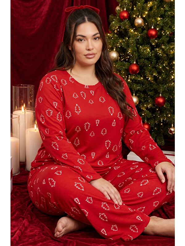 Siyah İnci Kırmızı Yılbaşı Temalı Desenli Termal Kumaşlı Ultra Soft Yumuşak Büyük Beden Battal Boy Örme Pijama