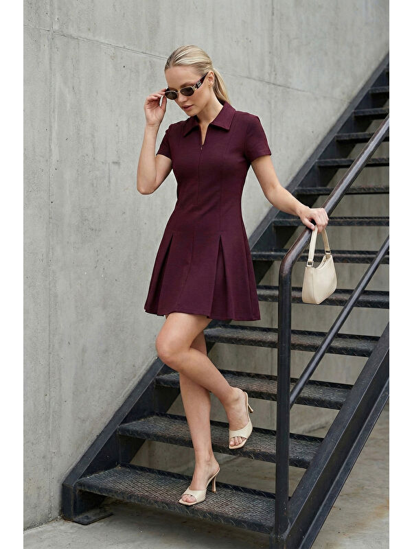 Lela Fitted Fit Klasik Yaka Fermuar Detaylı Pileli Kadın Mini Elbise 5866659