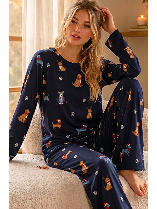Siyah İnci Lacivert Desenli Termal Kumaşlı Ultra Soft Yumuşak Örme Pijama Takımı