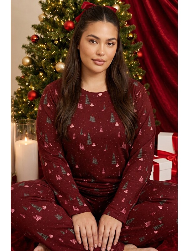 Siyah İnci Bordo Yılbaşı Temalı Desenli Termal Kumaşlı Ultra Soft Yumuşak Büyük Beden Battal Boy Örme Pijama Ta