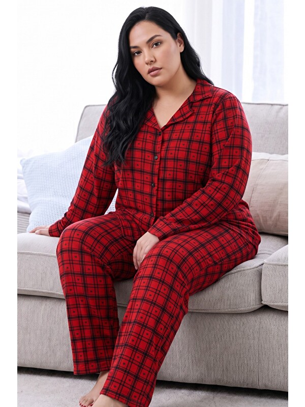 Siyah İnci Kırmızı Ekose Desenli Termal Kumaşlı Ultra Soft Yumuşak Büyük Beden Battal Boy Düğmeli Örme Pijama T
