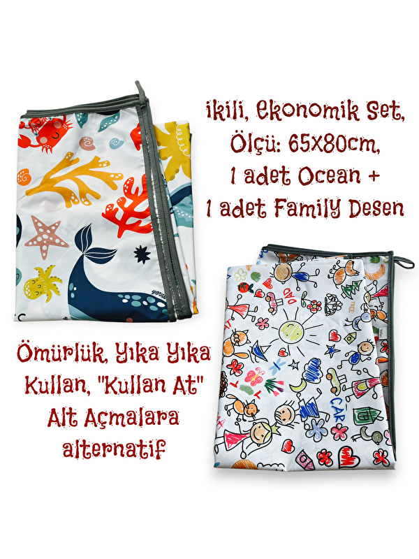 Yorni Ekonomik Set, 1 adet Sea + 1 adet Family, 65x80cm, Sıvı Geçirmez Alt Açma Örtüsü, Bebek Bakım Örtüsü