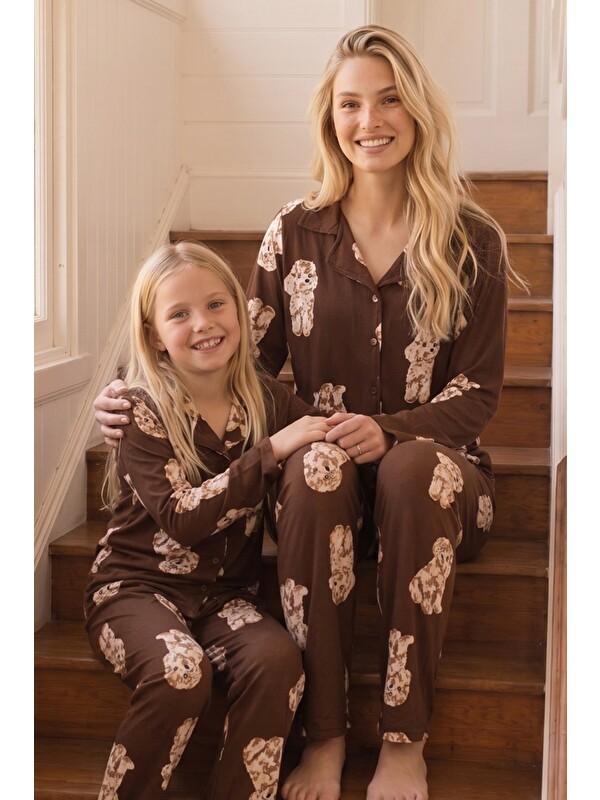 Siyah İnci Kahverengi Desenli Termal Kumaşlı Ultra Soft Yumuşak Düğmeli Örme Pijama Takımı