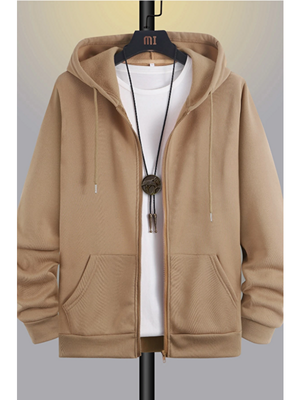 Tarz Cool Unisex Relax Fit Rahat Kesim Pamuklu İçi Polarlı Çift Cepli Fermuarlı Vizon Kapüşonlu Sweatshirt