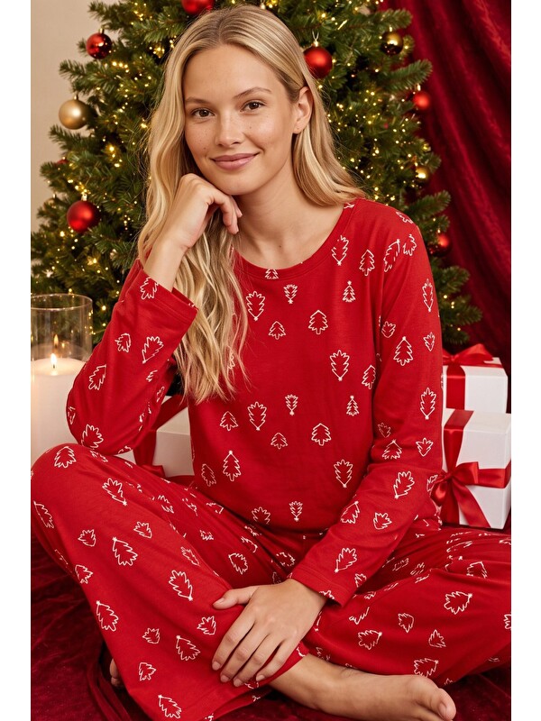 Siyah İnci Kırmızı Yılbaşı Temalı Desenli Termal Kumaşlı Ultra Soft Yumuşak Örme Pijama Takımı