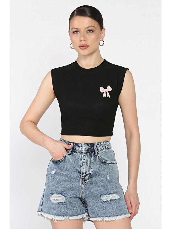 Gülseli Kadın Japone Kol Fiyonklu Fitilli Crop Top Bluz