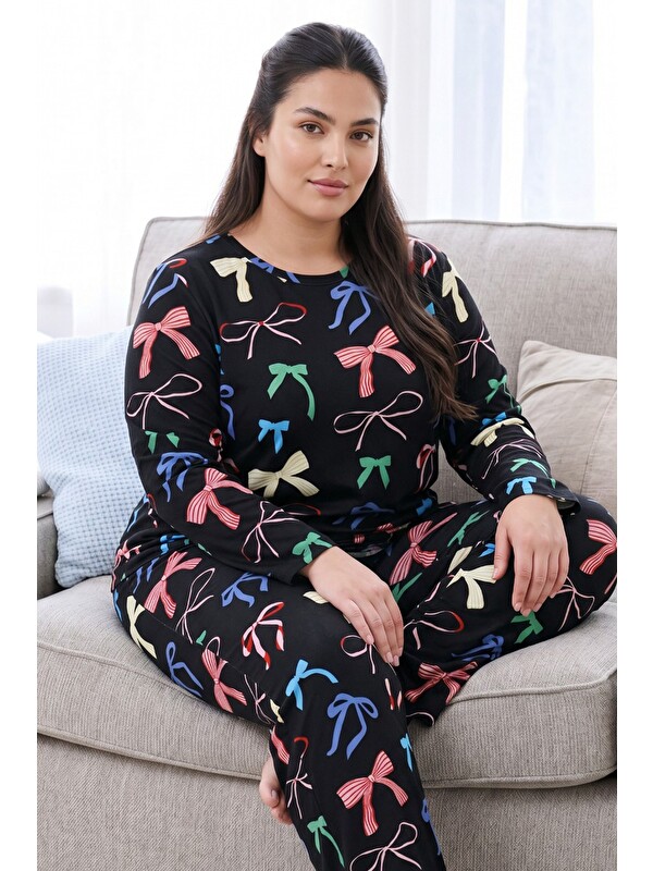 Siyah İnci Siyah Desenli Termal Kumaşlı Ultra Soft Yumuşak Büyük Beden Battal Boy Örme Pijama Takımı