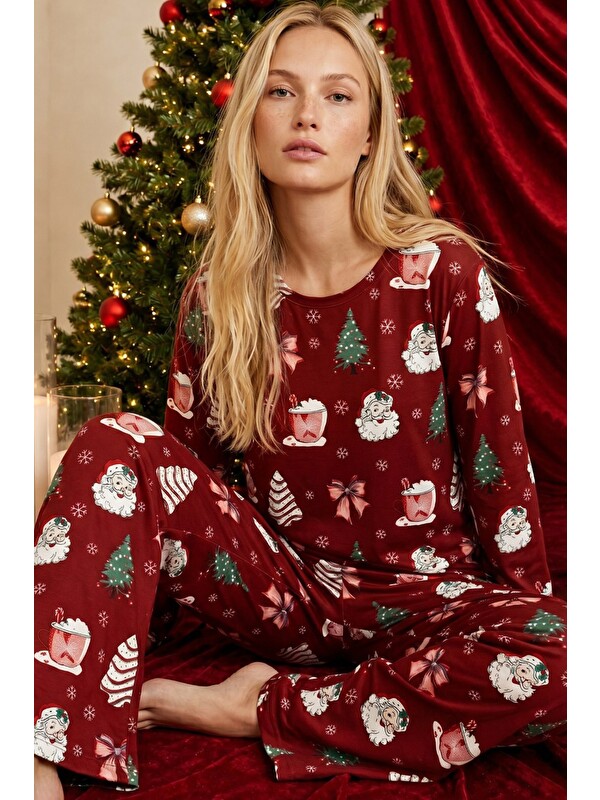 Siyah İnci Bordo Yılbaşı Temalı Desenli Termal Kumaşlı Ultra Soft Yumuşak Örme Pijama Takımı
