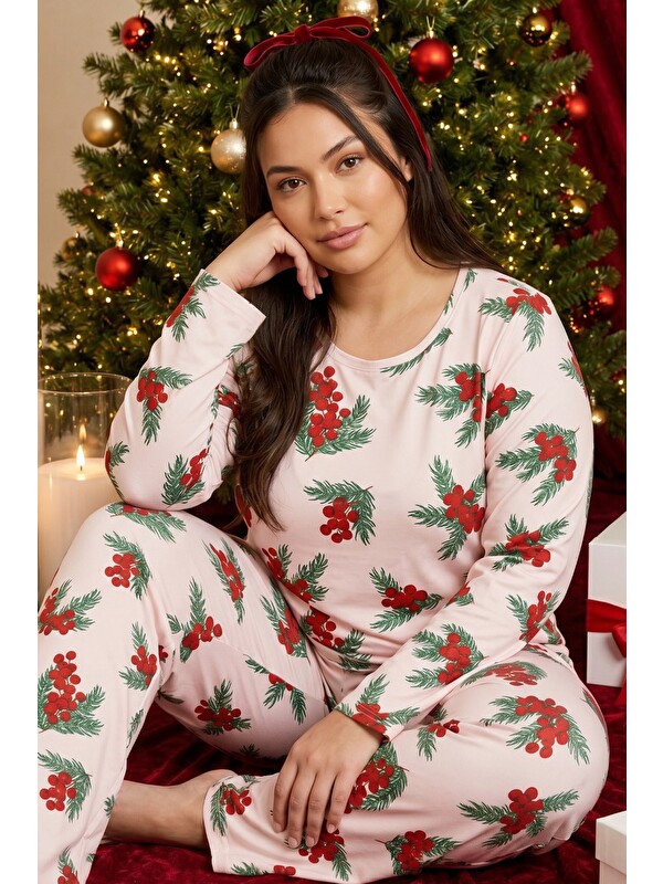 Siyah İnci Pembe Yılbaşı Temalı Desenli Termal Kumaşlı Ultra Soft Yumuşak Büyük Beden Battal Boy Örme Pijama Ta