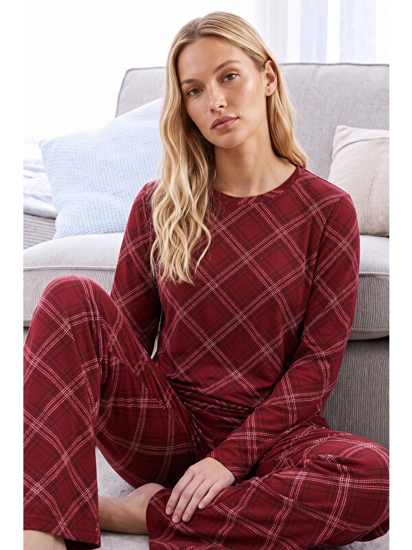 Siyah İnci Bordo Ekose Desenli Termal Kumaşlı Ultra Soft Yumuşak Örme Pijama Takımı