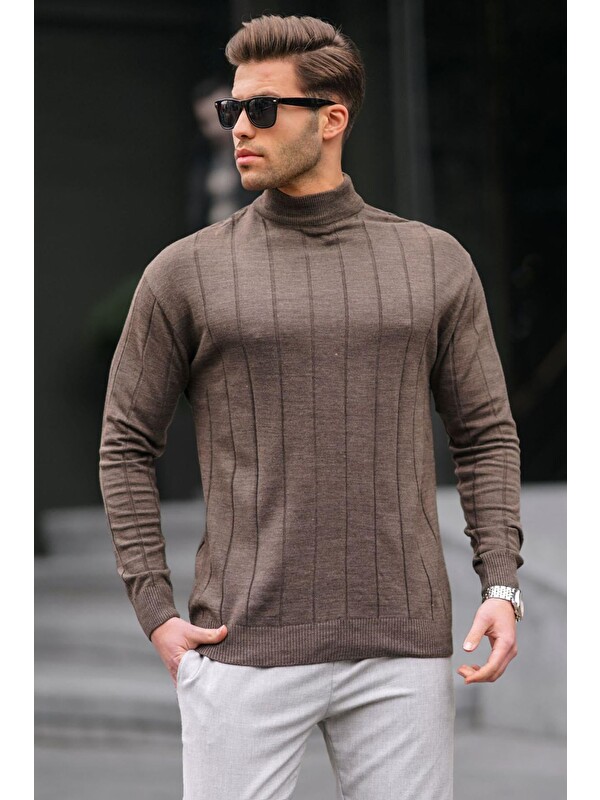 Madmext Koyu Kahverengi Slim Fit Yarım Balıkçı Yaka  Çizgili Tüylenmeyen Erkek Triko Kazak 6344