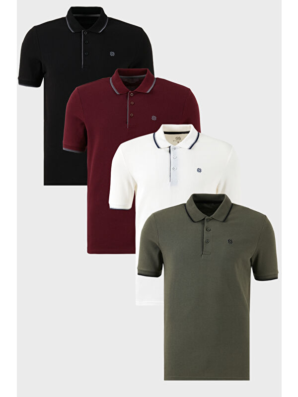 Buratti Pamuklu Slim Fit Şerit Detaylı Düğmeli Polo Yaka 4'lü Paket %100 Pamuk Tişört 5902118S4