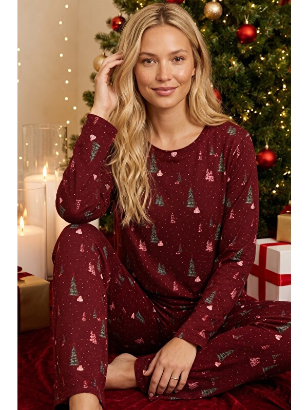 Siyah İnci Bordo Yılbaşı Temalı Desenli Termal Kumaşlı Ultra Soft Yumuşak Örme Pijama Takımı