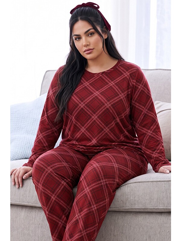 Siyah İnci Bordo Ekose Desenli Termal Kumaşlı Ultra Soft Yumuşak Büyük Beden Battal Boy Örme Pijama Takımı