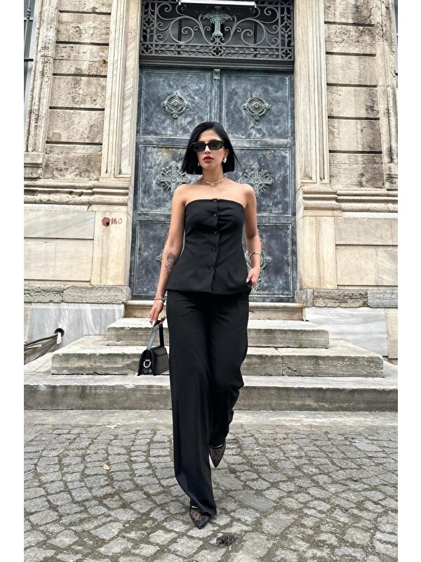 Jane's Siyah Straplez Düğmeli Crop Ve Pantolon Takım