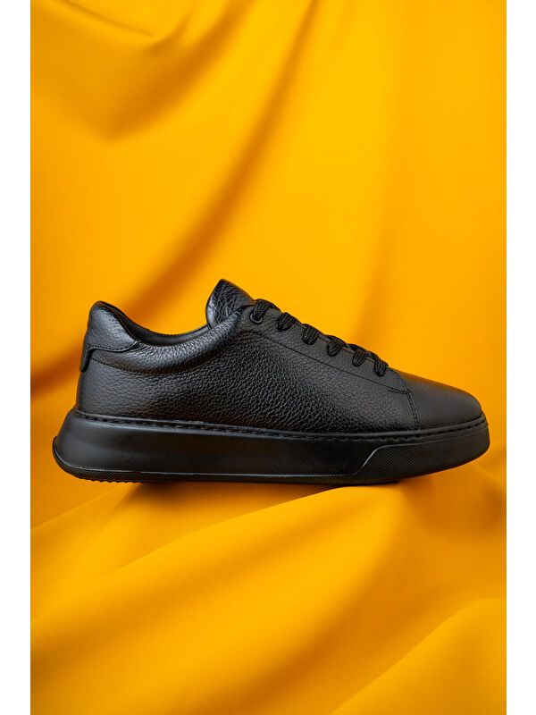 Siyah Casual Bağcıklı Deri Sneakers - Görsel 3