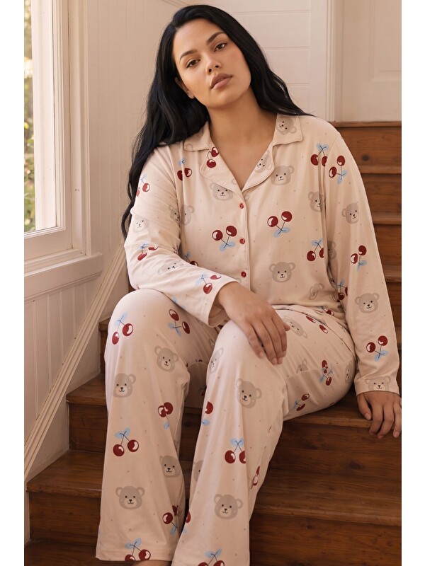 Siyah İnci Krem Desenli Termal Kumaşlı Ultra Soft Yumuşak Büyük Beden Battal Boy Düğmeli Örme Pijama Takımı