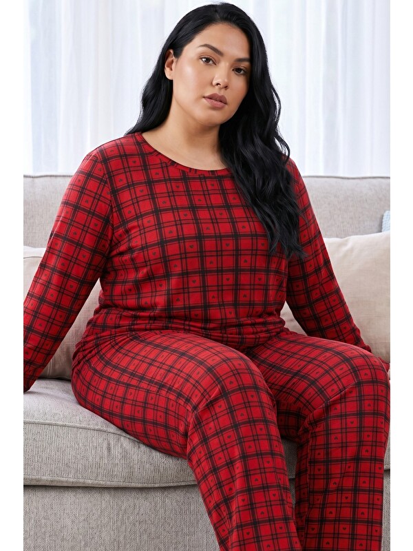 Siyah İnci Kırmızı Ekose Desenli Termal Kumaşlı Ultra Soft Yumuşak Büyük Beden Battal Boy Örme Pijama Takımı