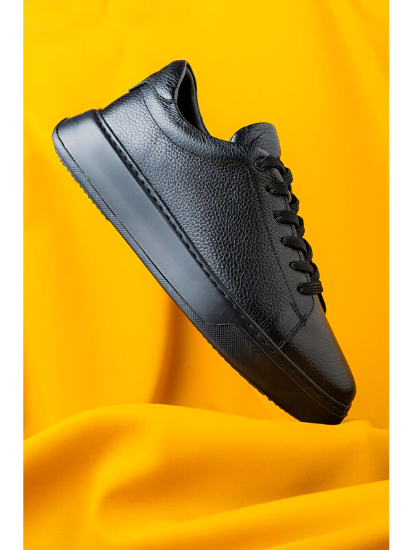 Siyah Casual Bağcıklı Deri Sneakers - Görsel 5