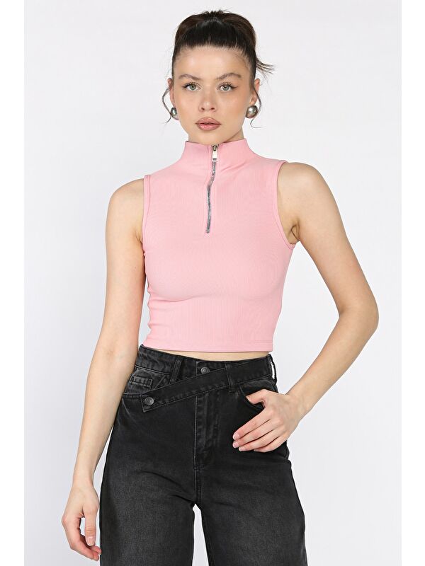 Gülseli Kadın Yarım Fermuarlı Fitilli Crop Top Bluz