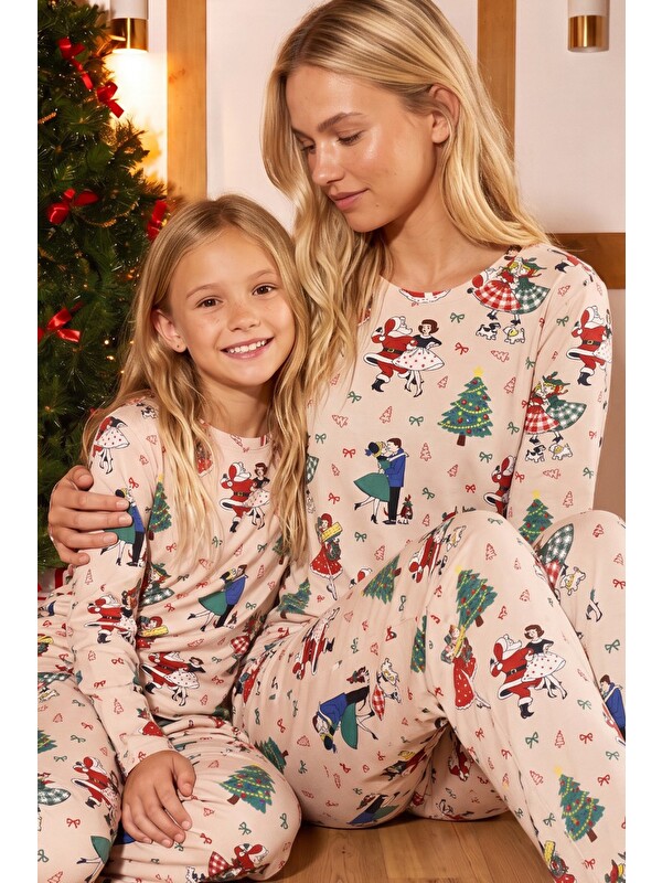 Siyah İnci Krem Yılbaşı Temalı Desenli Termal Kumaşlı Ultra Soft Yumuşak Örme Pijama Takımı