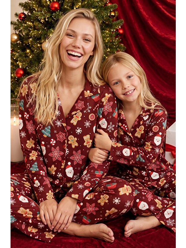 Siyah İnci Bordo Yılbaşı Temalı Desenli Termal Kumaşlı Ultra Soft Yumuşak Düğmeli Örme Pijama Takımı