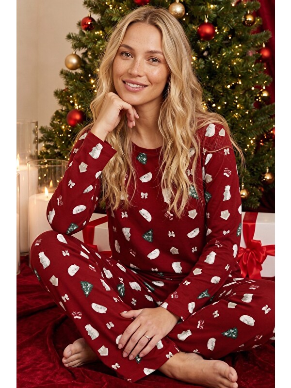 Siyah İnci Bordo Yılbaşı Temalı Desenli Termal Kumaşlı Ultra Soft Yumuşak Örme Pijama Takımı