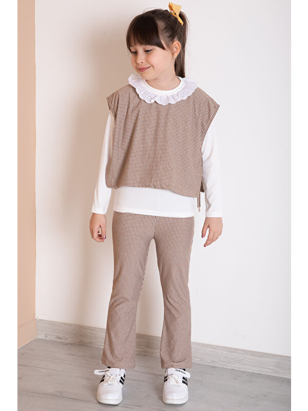 Cansın Mini Kahve Ekose Desenli Süveterli Pantolonlu Kız Çocuk Badili 3lü Takım 20372