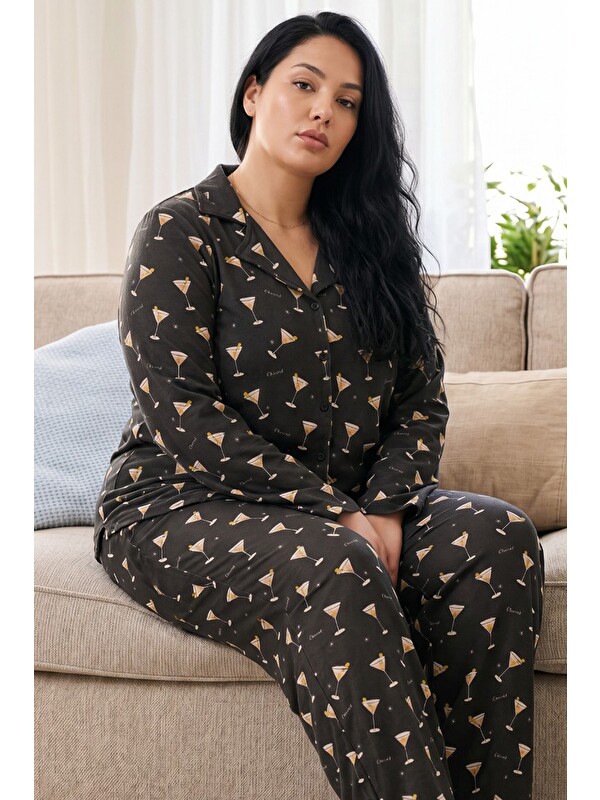 Siyah İnci Antrasit Desenli Termal Kumaşlı Ultra Soft Yumuşak Büyük Beden Battal Boy Düğmeli Örme Pijama Takımı