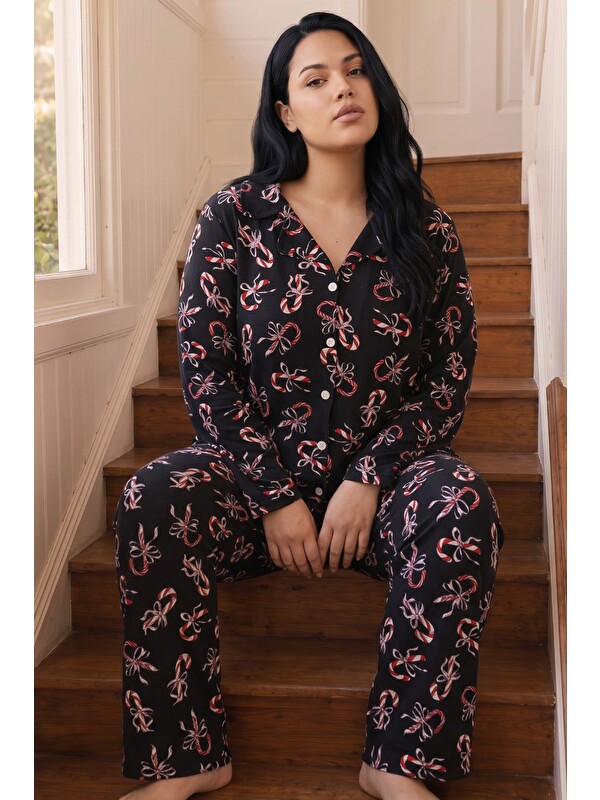 Siyah İnci Siyah Desenli Termal Kumaşlı Ultra Soft Yumuşak Büyük Beden Battal Boy Düğmeli Örme Pijama Takımı