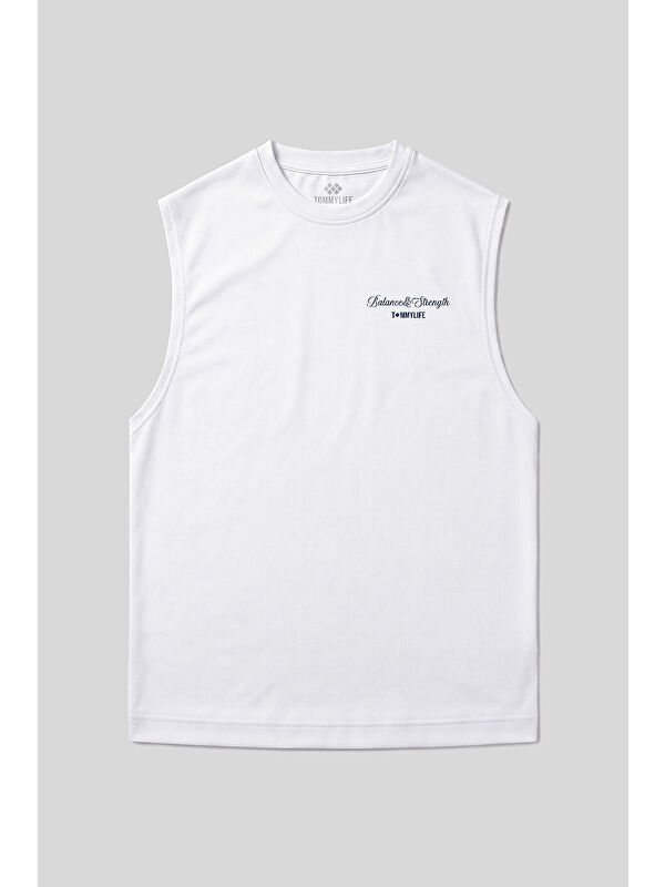 Tommylife Beyaz Rahat Form Baskılı Spor Performans Kolsuz Erkek Atlet - 88502
