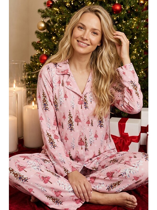 Siyah İnci Pembe Yılbaşı Temalı Desenli Termal Kumaşlı Ultra Soft Yumuşak Düğmeli Örme Pijama Takımı