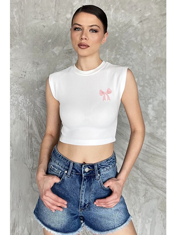 Gülseli Kadın Japone Kol Fiyonklu Fitilli Crop Top Bluz