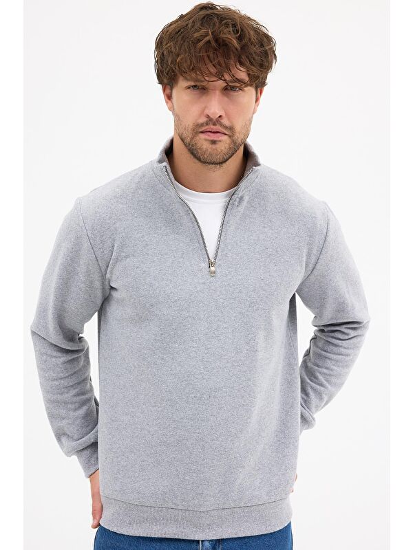 Mmetalic Erkek Gri Standart Fit Normal Kesim Pamuklu Yarım Fermuarlı Dik Yaka Pamuklu Sweatshirt