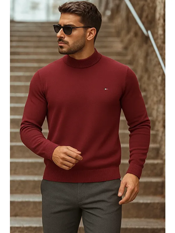 Comstar Erkek Yarım Boğazlı Premium Bordo Triko Kazak