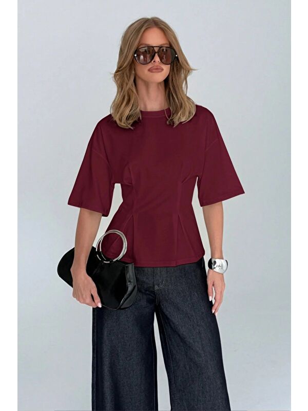 Tarz Cool Kadın Oversize Basic Tişört Pile Detaylı Rahat Kesim Günlük Kombin
