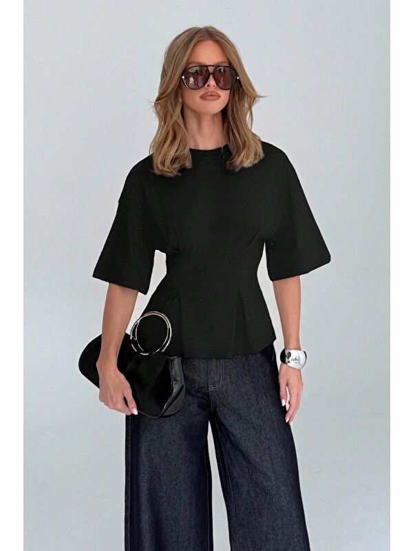 Tarz Cool Kadın Oversize Basic Tişört Pile Detaylı Rahat Kesim Günlük Kombin