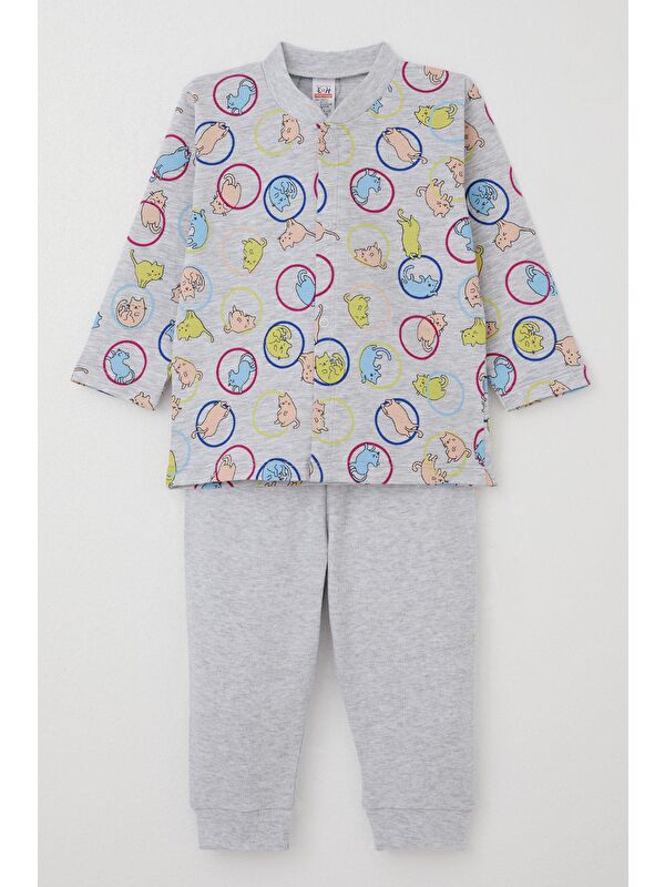 Breeze Erkek Bebek Pijama Takımı Hareketli Kedicik Desenli Gri Melanj (4-9 Ay)