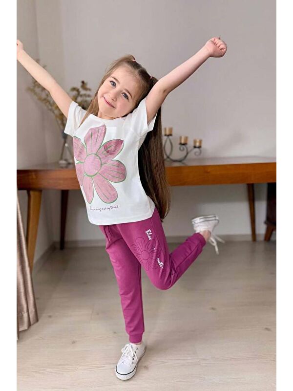 Riccotarz Kız Çocuk Üzeri Papatya Baskılı T-Shirt Çift Cepli Lastikli Mor Pijama Takımı