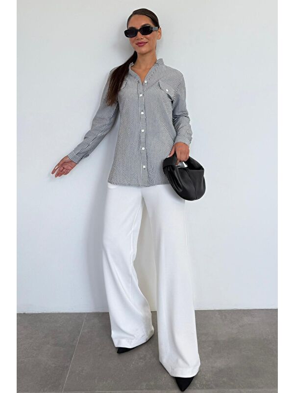 Madmext Siyah Çizgili Gofre Kumaş Kadın Oversize Gömlek Mg1666