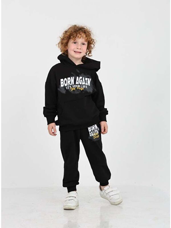 Toontoykids Erkek Çocuk 2'li Takım Baskılı Kapüşonlu Sweatshirt & Beli Paçası Lastikli Cepli Jogger Eşofman Altı