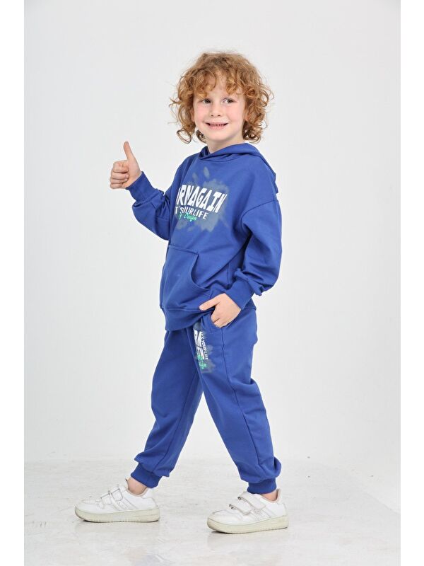 Toontoykids Erkek Çocuk 2'li Takım Baskılı Kapüşonlu Sweatshirt & Beli Paçası Lastikli Cepli Jogger Eşofman Altı