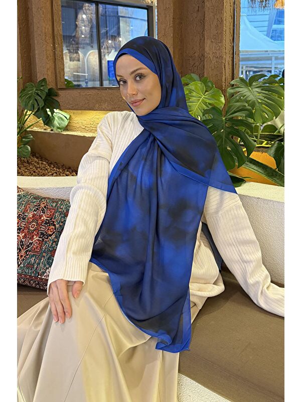 Lamelif Batik Desen Soft Şal Saks Mavisi