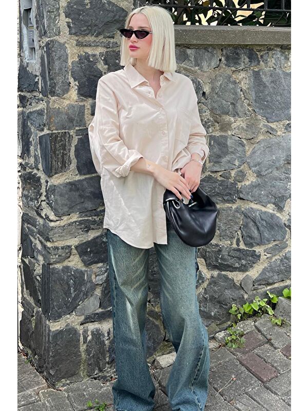 Madmext Bej Oversize Basic Cepli Poplin Gömlek Mg1530